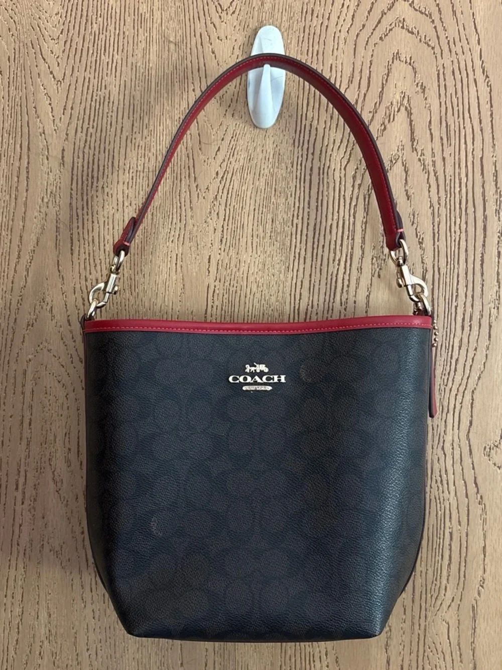 Coach City Bucket Bag Signature Canvas with Red Trim and Gold Hardware